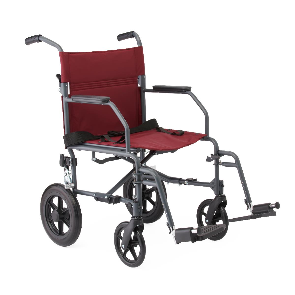 Wheelchair Transport Chair: Basic Aluminum Transport Chair with Permanent Full-Length Arms, Swing-Away Footrests and 12' Wheels, Gray and Burgundy by Medline  ID MDS808210KDR